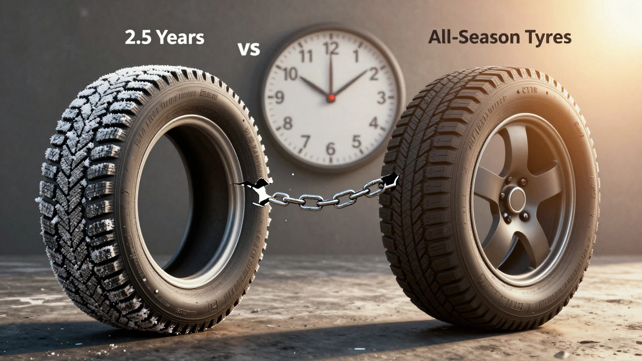 Сравнение зимних и летних шин рядом с разрушающейся всесезонной резиной и часами.