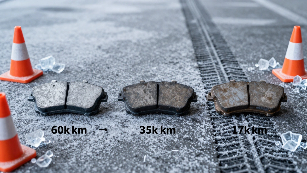 Три тормозные колодки разного износа на снежном асфальте: новые, средние и почти стёртые, с символами городского и трассового вождения.