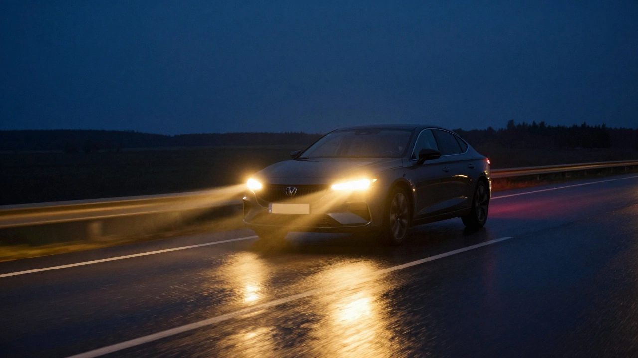 Автомобиль на ночной трассе с белыми основными фарами и желтыми противотуманками