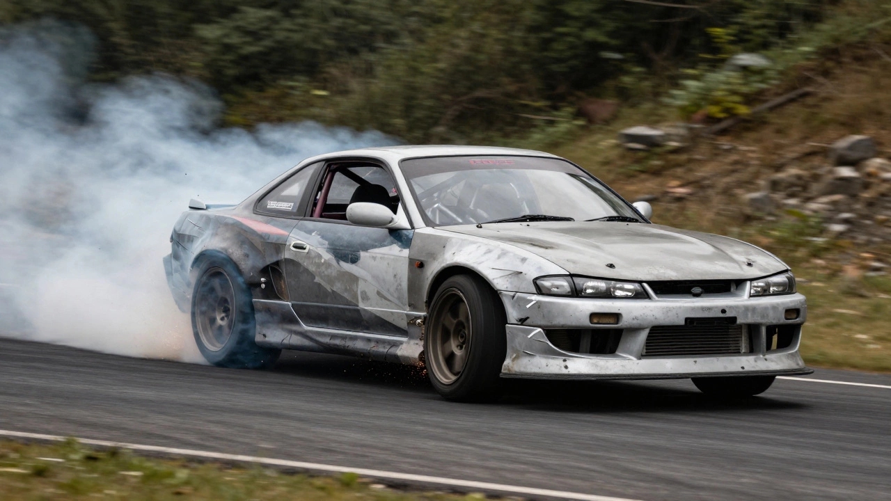 Дрифт-кар с расширенными арками в заносе на горном серпантине в дыму