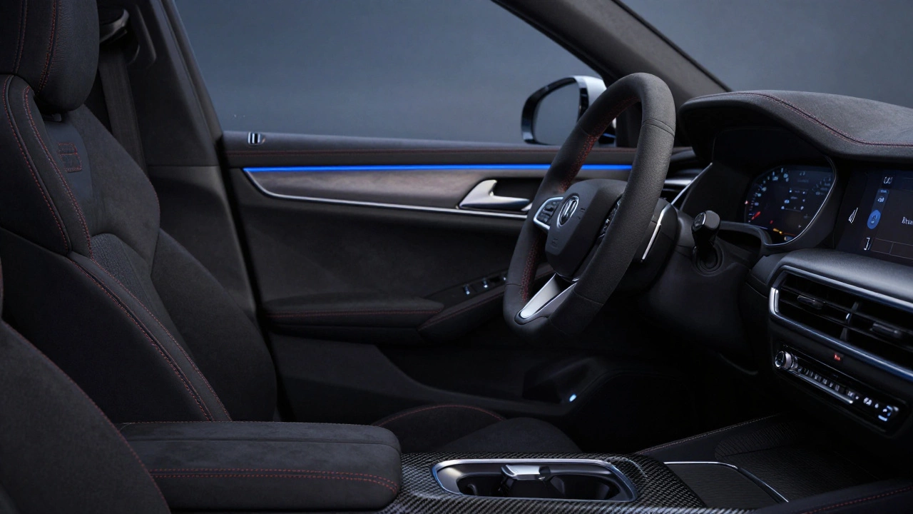 Интерьер автомобиля с перетяжкой салона алькантарой и контурной подсветкой