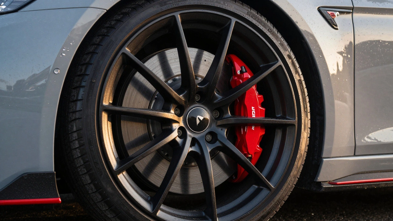 Крупный план черного колесного диска и ярко-красного тормозного суппорта