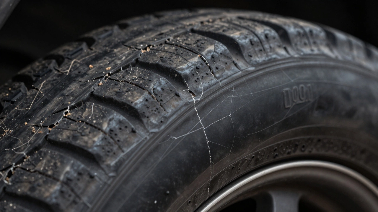 Крупный план старой резины с сетью мелких трещин от старения