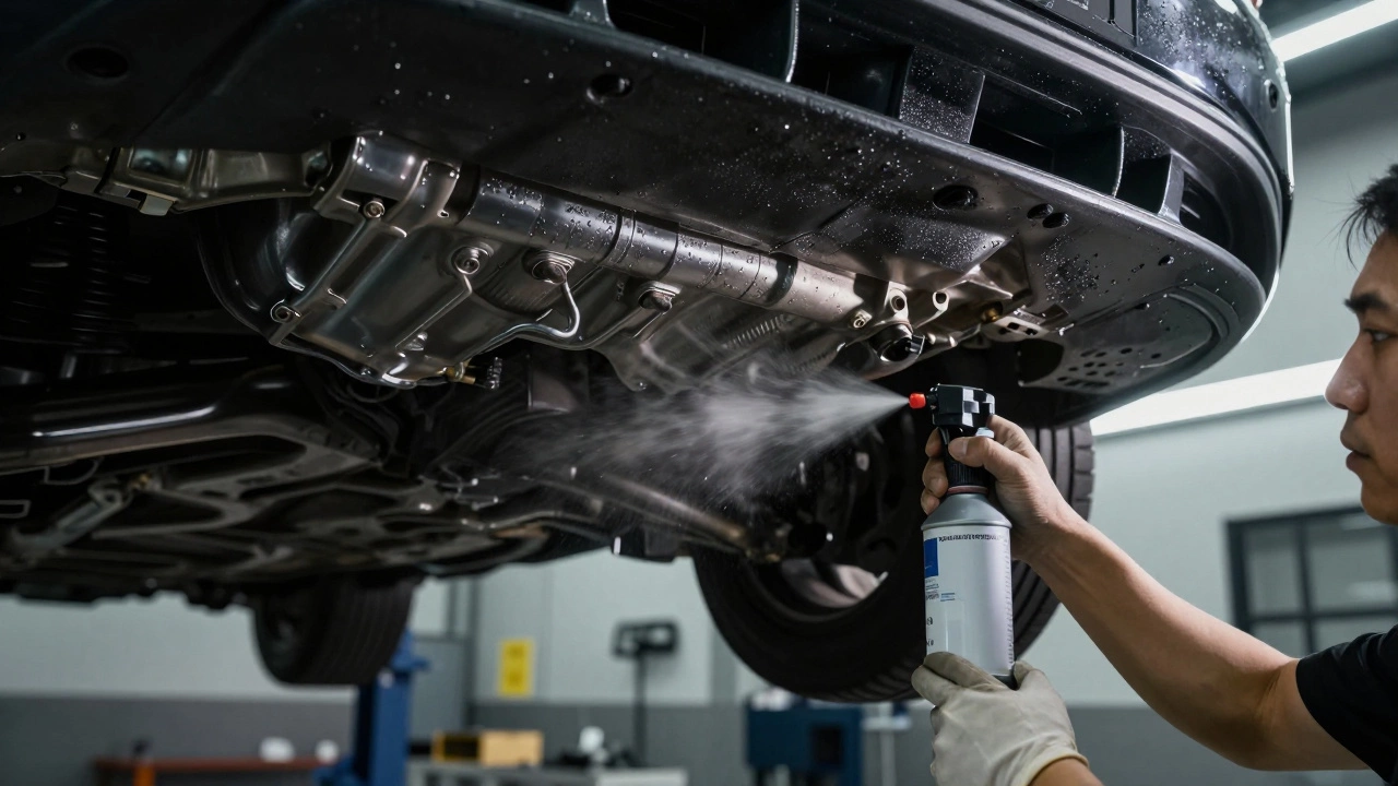 Нанесение антикоррозийного защитного состава на днище автомобиля в сервисе