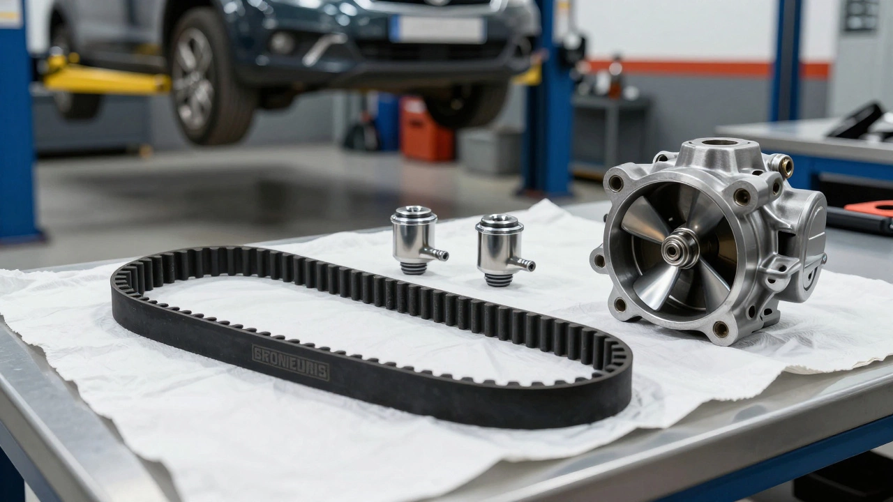 Новый комплект ГРМ: ремень, ролики и водяной насос на столе в сервисе