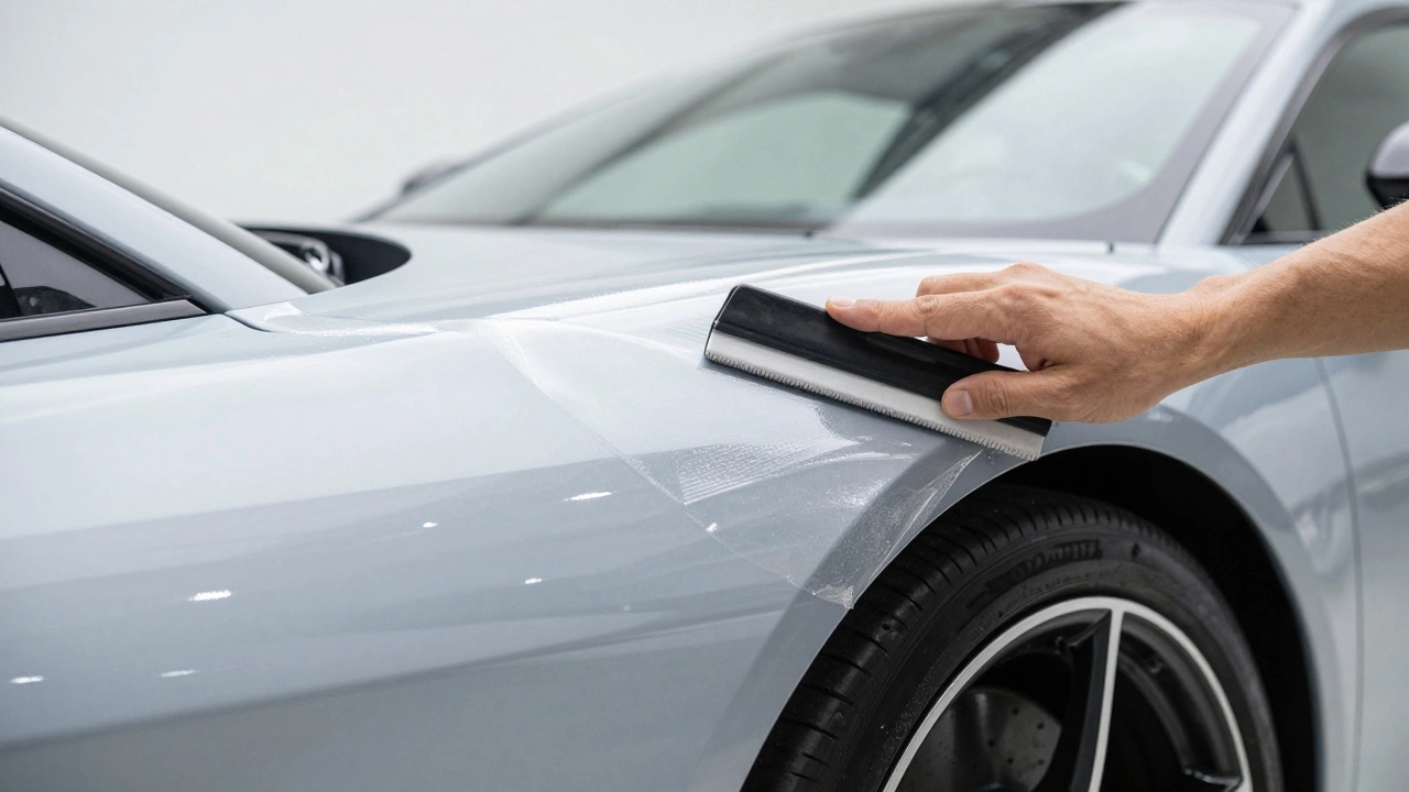 Процесс оклейки кузова автомобиля защитной полиуретановой пленкой в студии