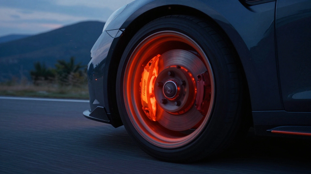 Раскаленный докрасна тормозной диск автомобиля при резком торможении на горной дороге