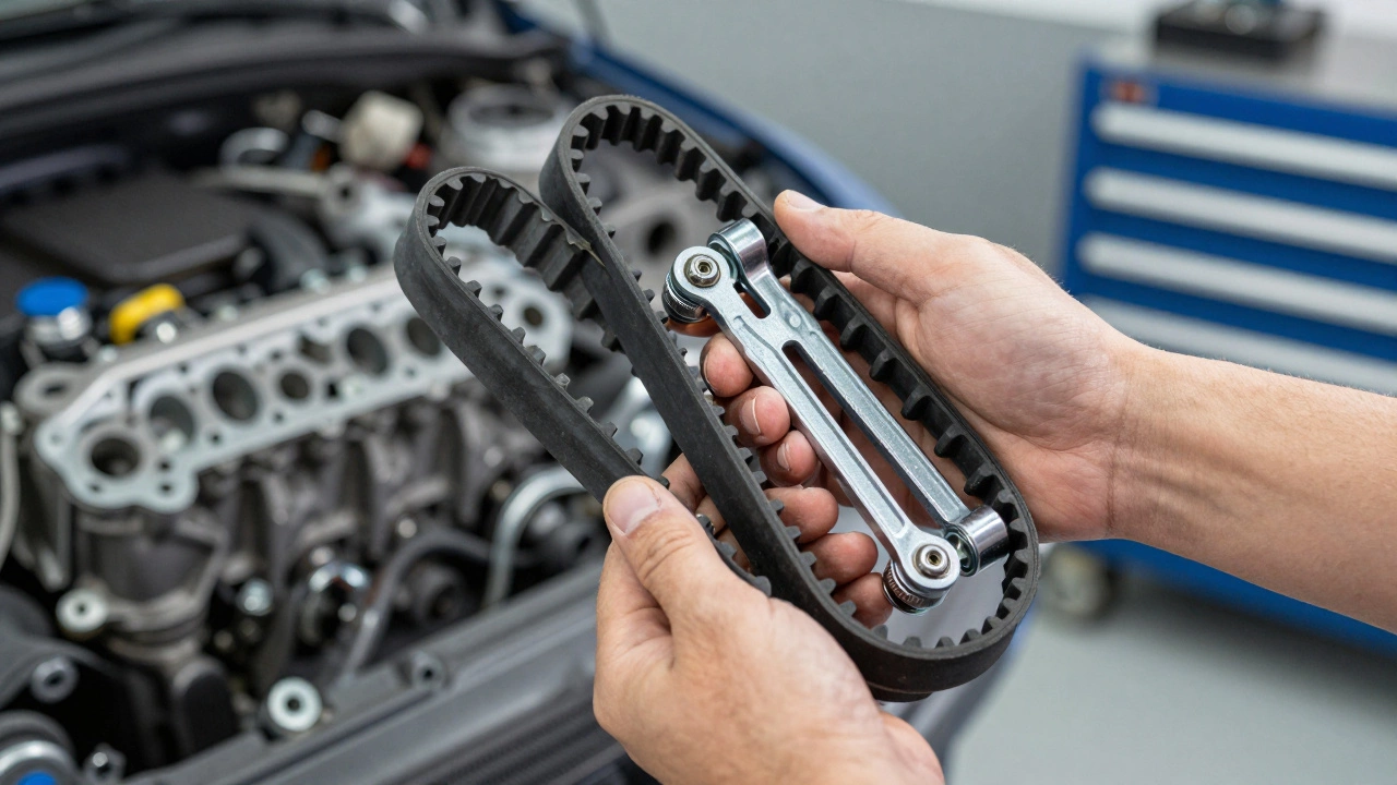 Руки механика с новым комплектом ремня ГРМ и роликами в автосервисе
