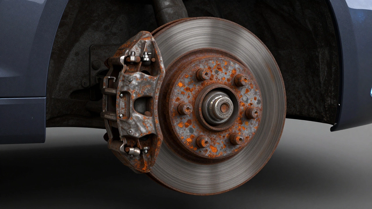 Ржавый тормозной диск и суппорт автомобиля крупным планом