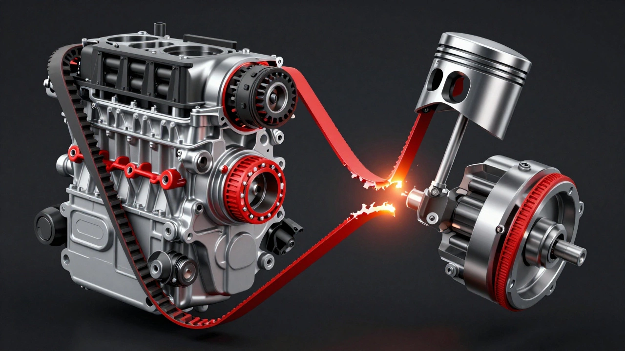 Схематичное изображение двигателя с порванным ремнем ГРМ и столкновением поршня с клапаном