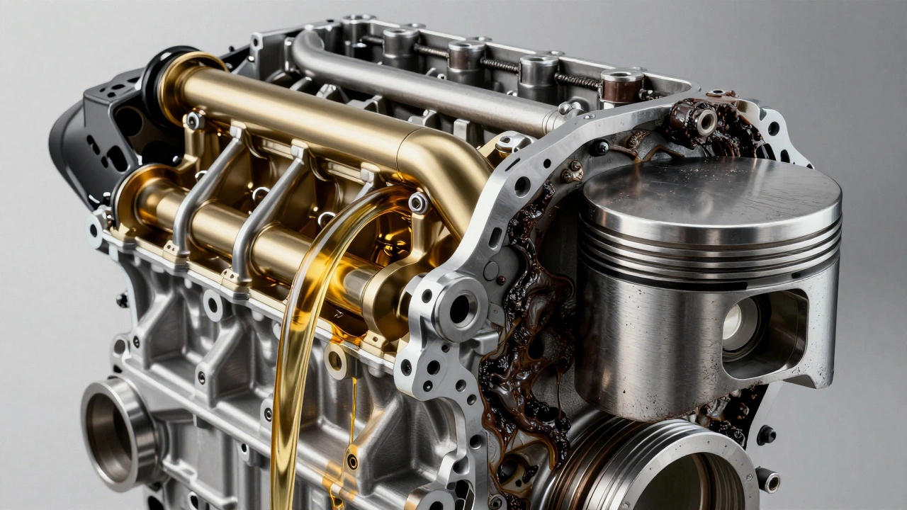 Сравнение чистого двигателя с качественным маслом и изношенного мотора со шламом