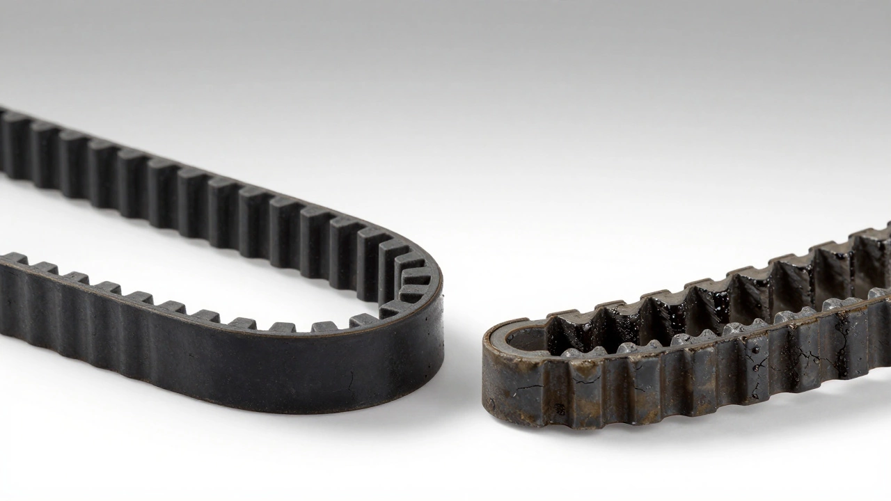 Сравнение нового и изношенного ремня ГРМ с трещинами и маслом