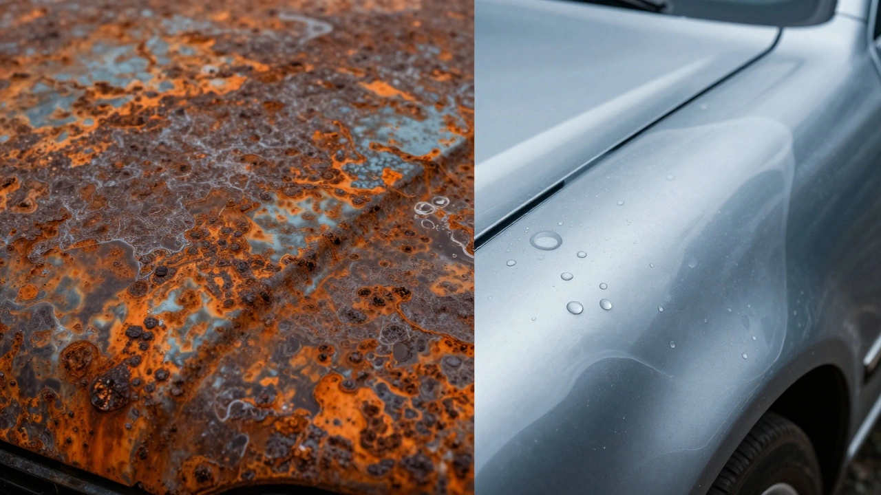 Сравнение поверхности металла с глубокой ржавчиной и защитного покрытия