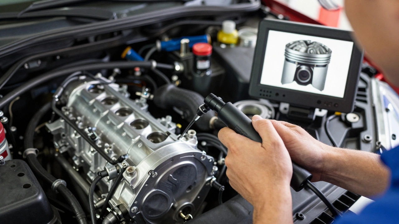 Технический специалист проводит эндоскопию цилиндров двигателя автомобиля
