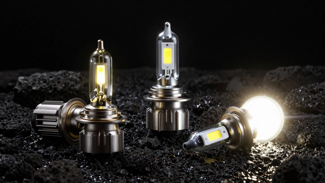 Три типа автомобильных ламп: галогенная, ксеновая и светодиодная на темном фоне